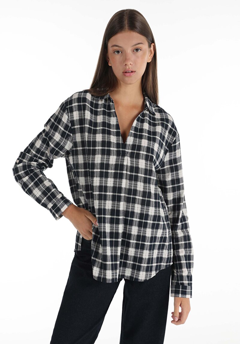 Regular Fit Shirt Neck Kadın Lacivert Roll-up Gömlek