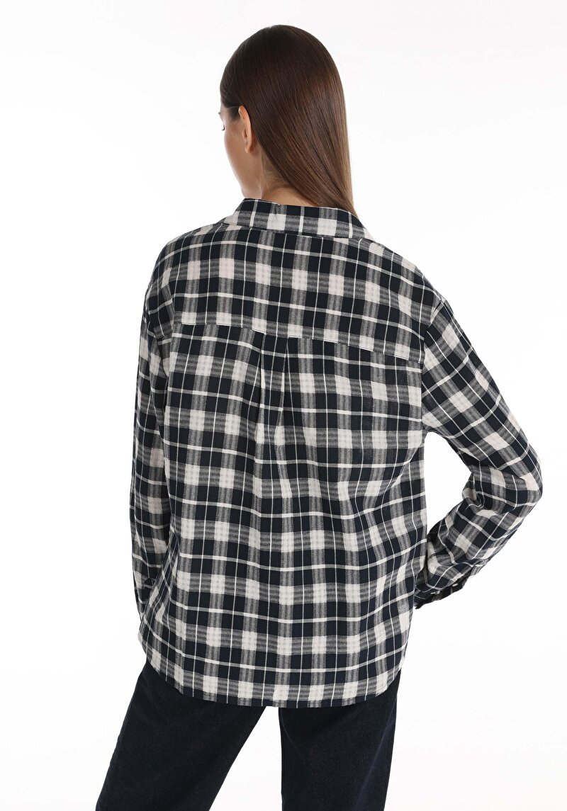 Regular Fit Shirt Neck  Kadın Lacivert Roll-up Gömlek