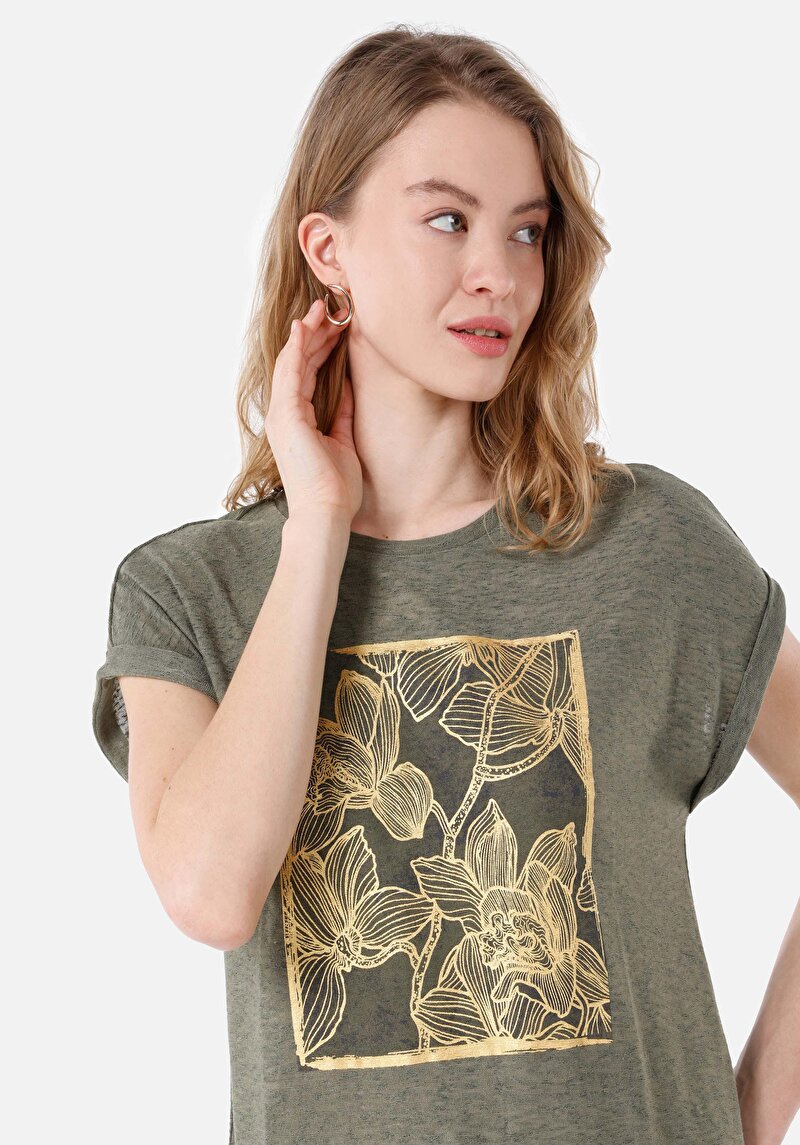 Regular Fit Yuvarlak Yaka Kadın Yeşil Kısa Kol Tişört