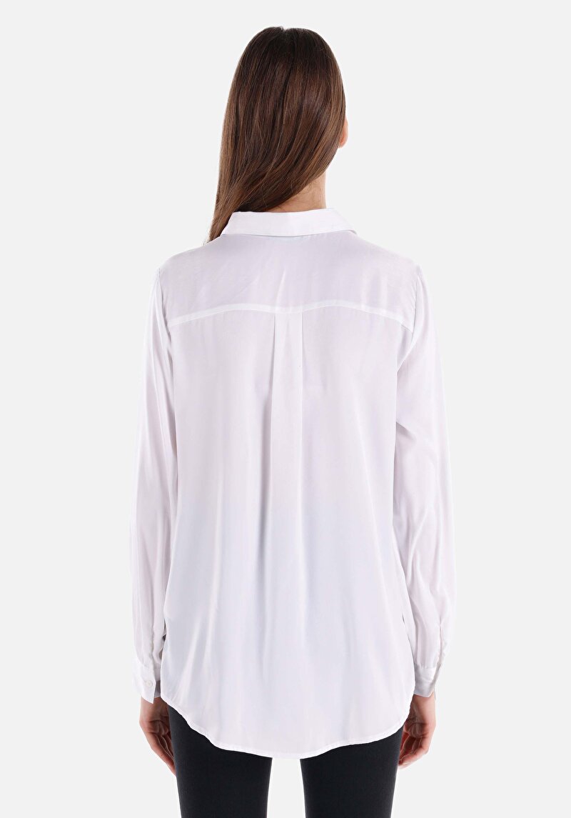 Regular Fit Shirt Neck Düz Kadın Beyaz Uzun Kol Gömlek