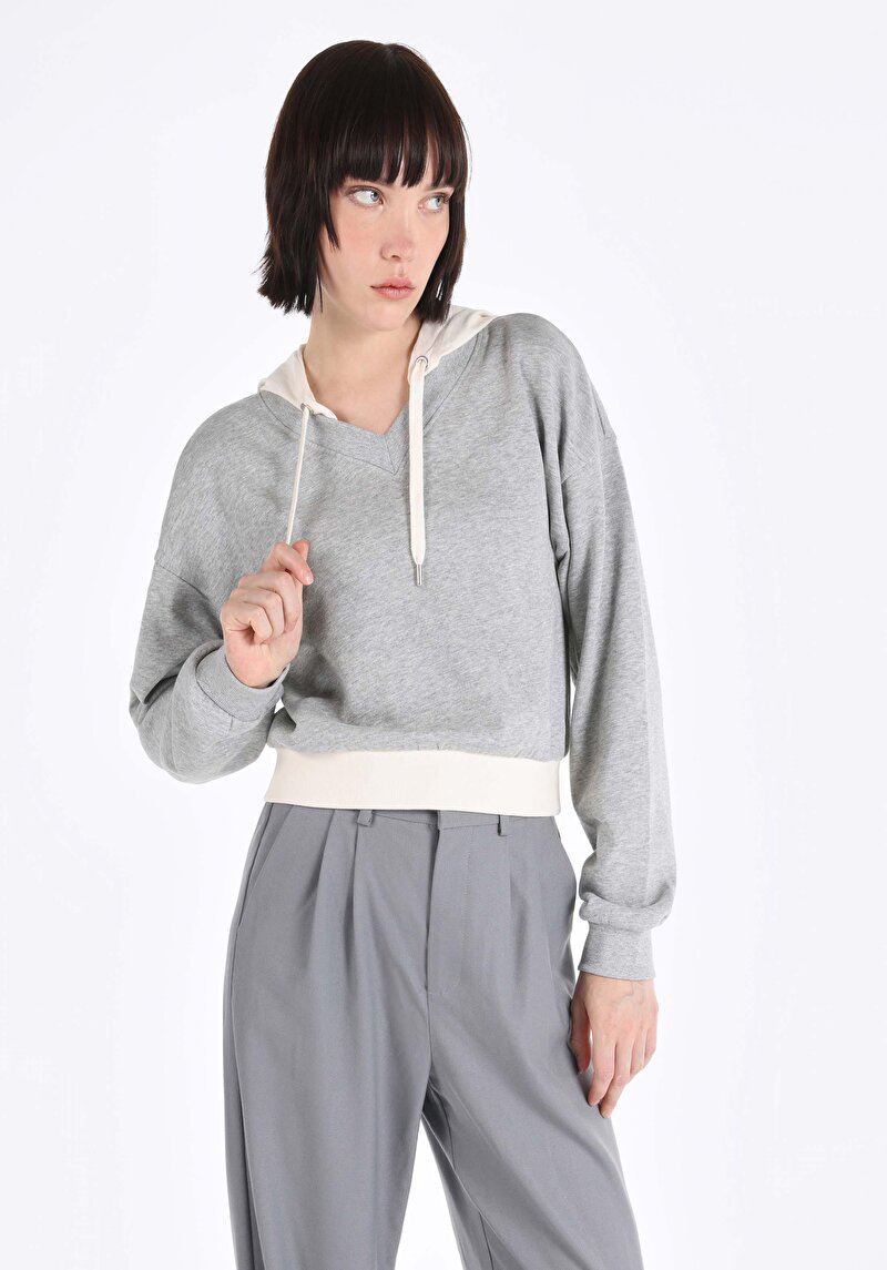 Regular Fit Kapüşonlu Düz Kadın Gri Sweatshirt