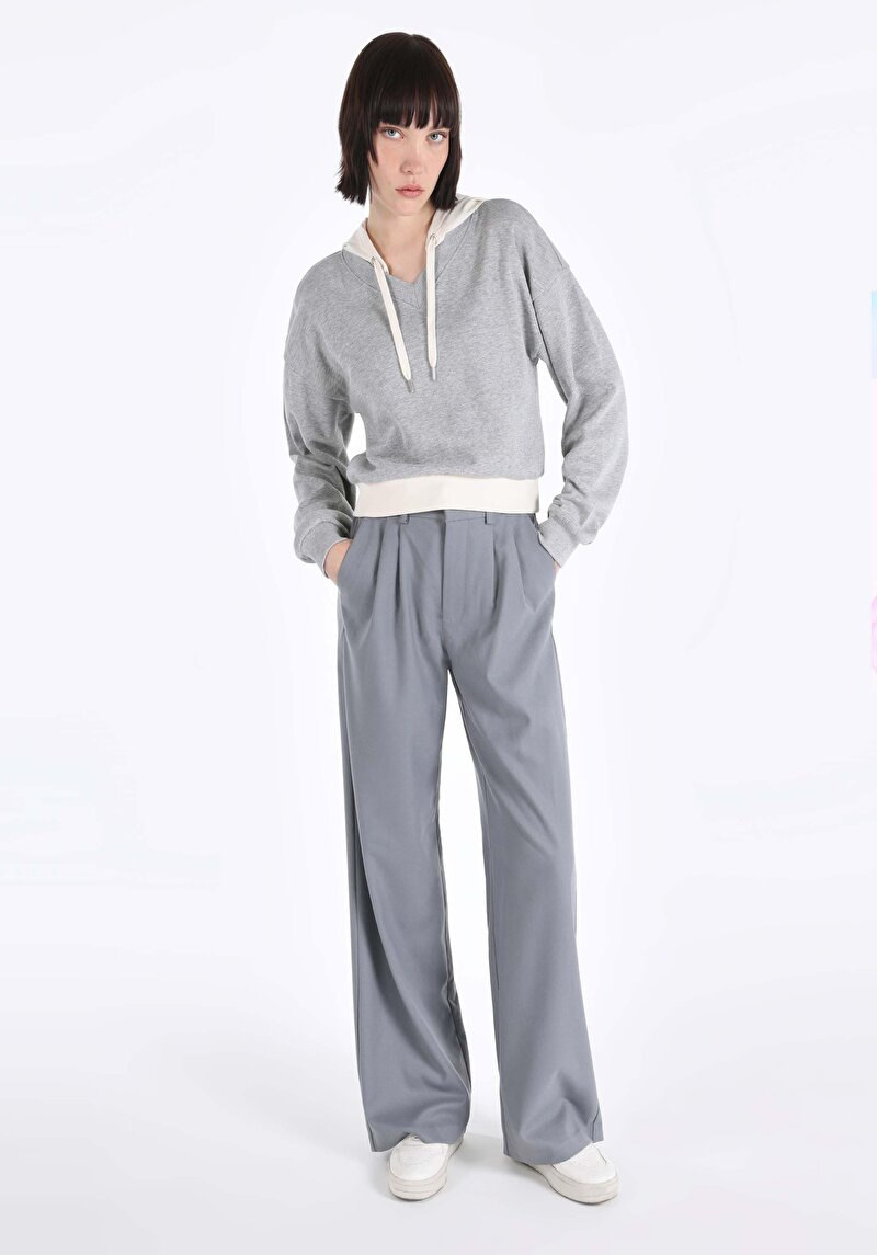 Regular Fit Kapüşonlu Düz Kadın Gri Sweatshirt