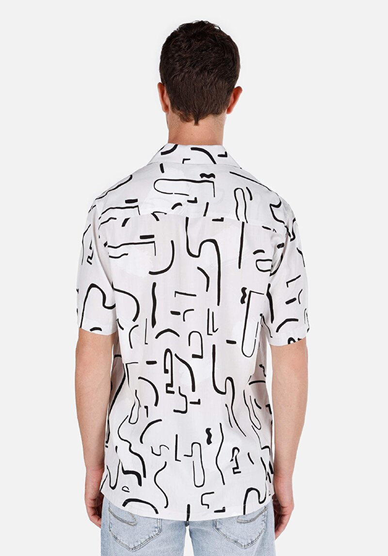 Regular Fit Shirt Neck Baskılı Erkek Bej Kısa Kol Gömlek