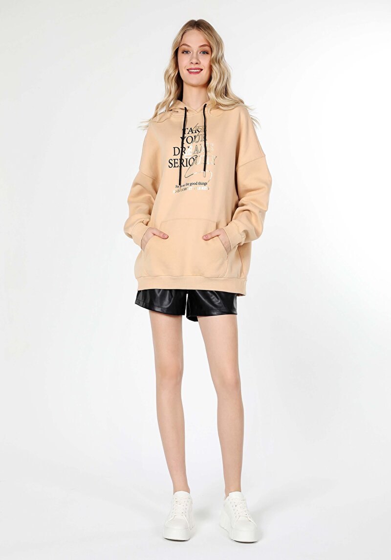 Oversize Fit Kapüşonlu Baskılı Kadın Bej Sweatshirt