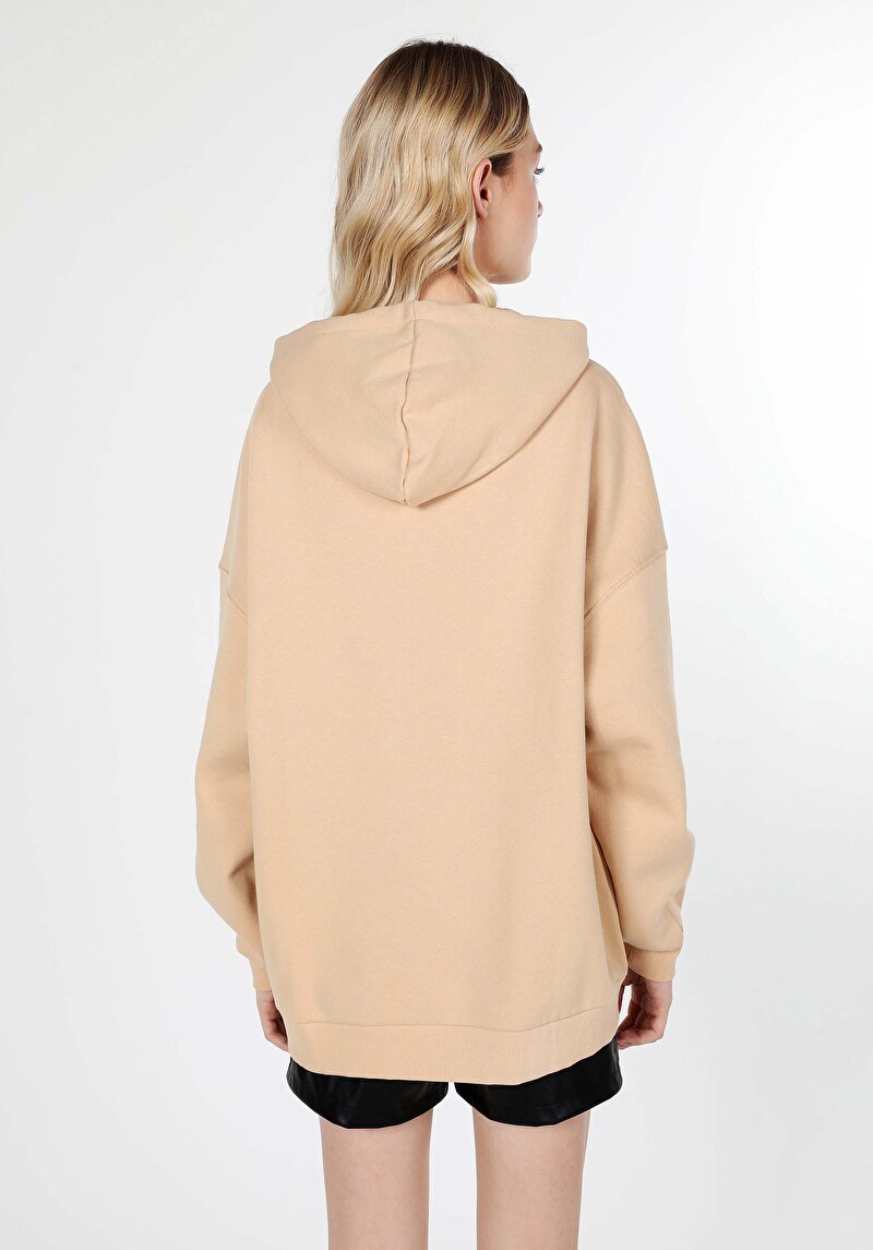Oversize Fit Kapüşonlu Baskılı Kadın Bej Sweatshirt