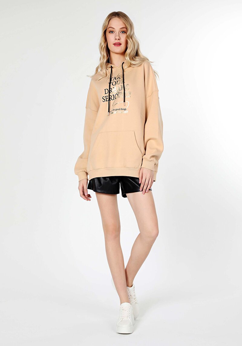 Oversize Fit Kapüşonlu Baskılı Kadın Bej Sweatshirt