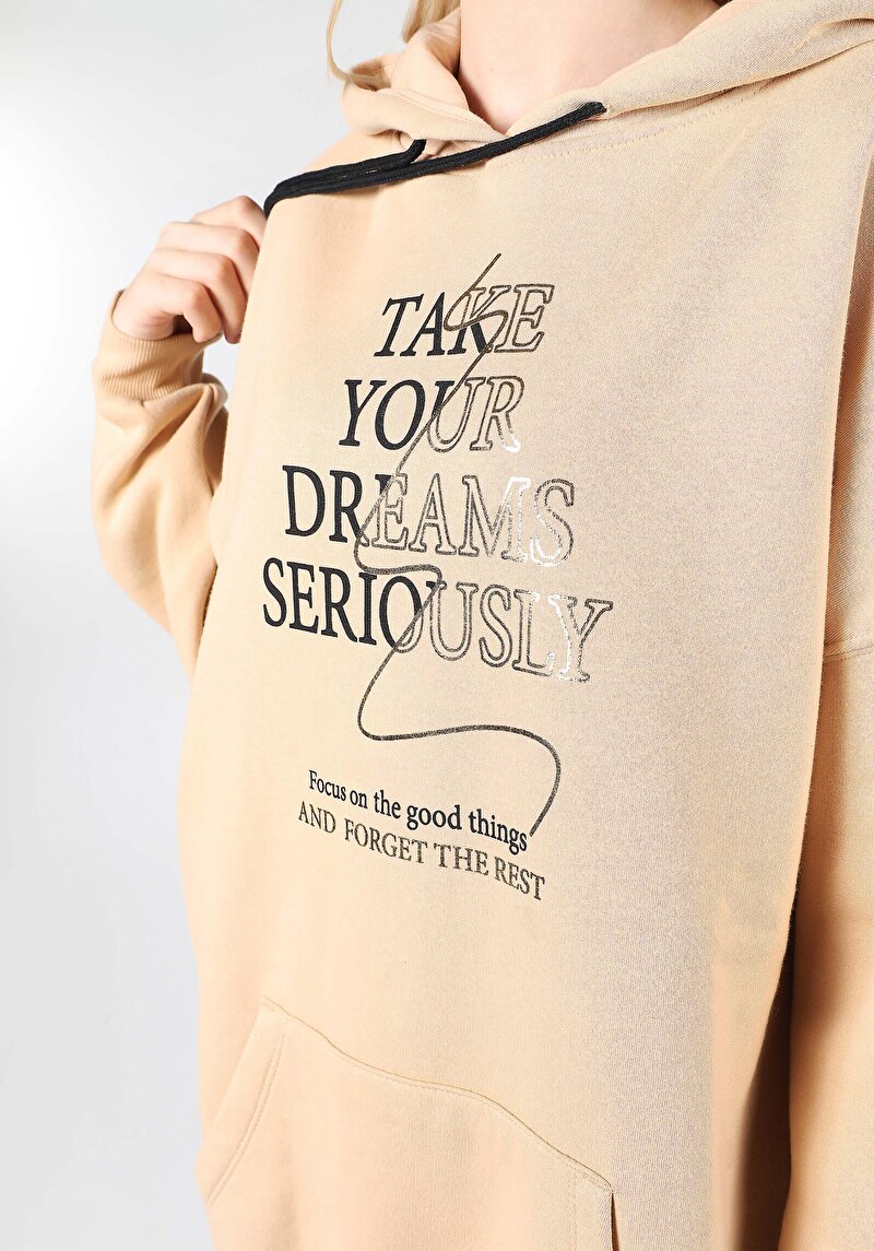 Oversize Fit Kapüşonlu Baskılı Kadın Bej Sweatshirt