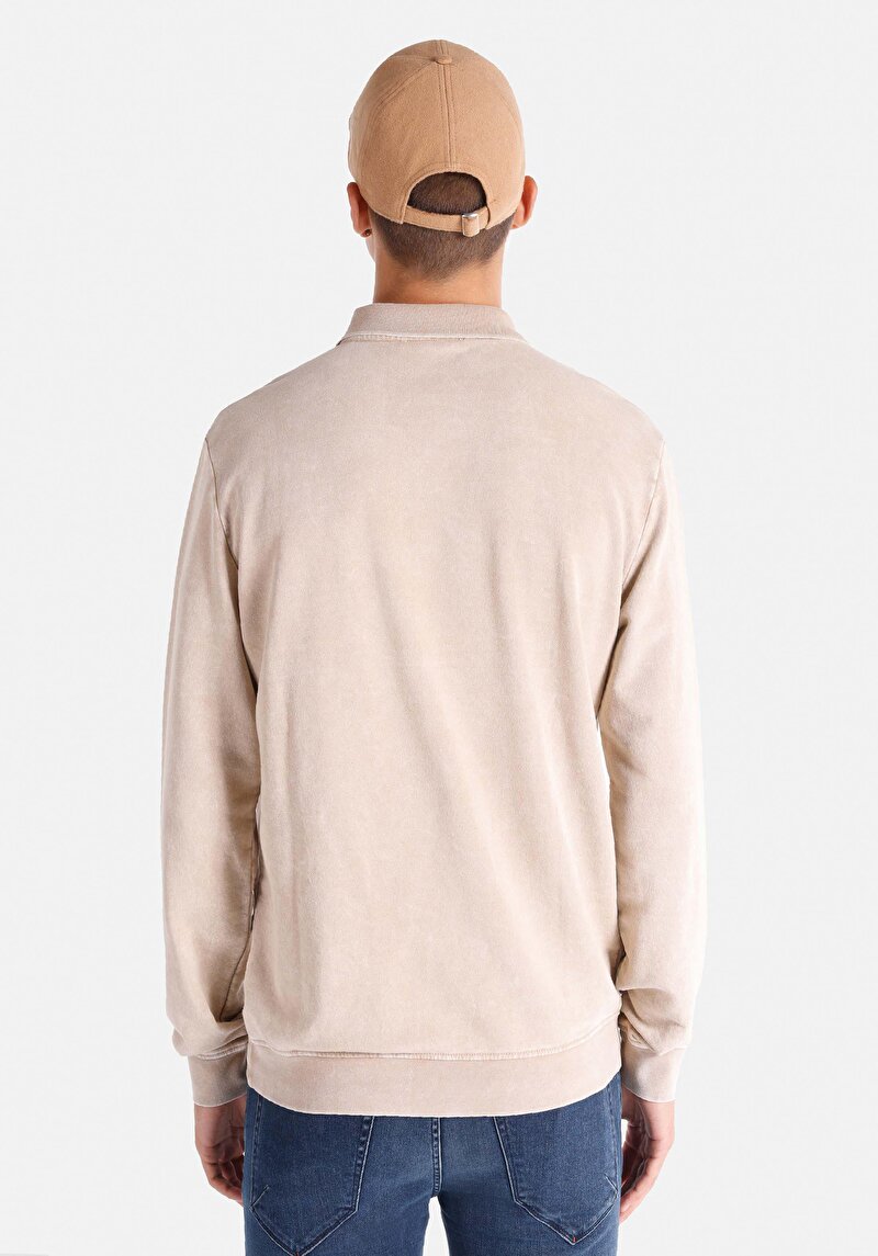 Regular Fit Polo Yaka Düz Erkek Bej Uzun Kol Tişört
