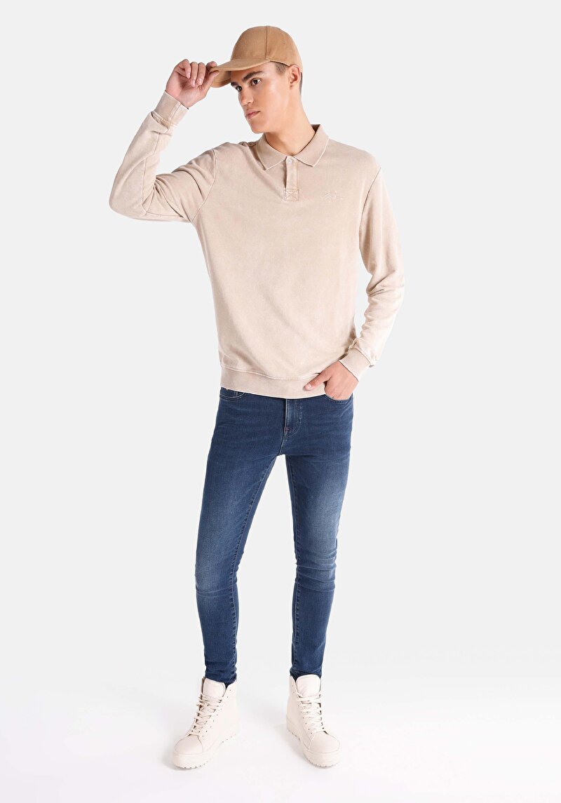 Regular Fit Polo Yaka Düz Erkek Bej Uzun Kol Tişört