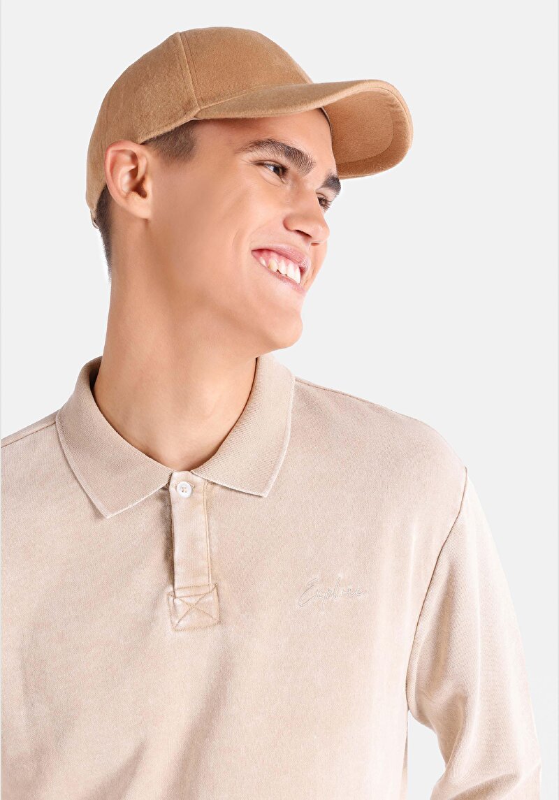 Regular Fit Polo Yaka Düz Erkek Bej Uzun Kol Tişört