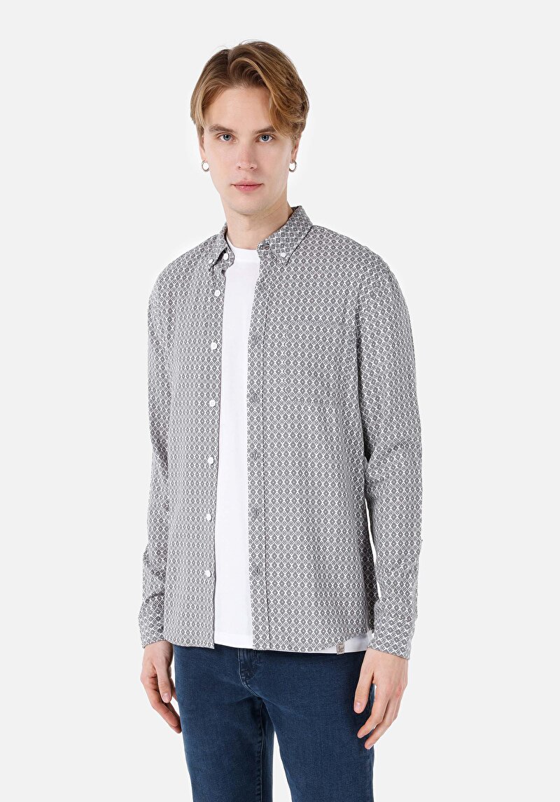 Slim Fit Shirt Neck Baskılı Erkek Gri Uzun Kol Gömlek