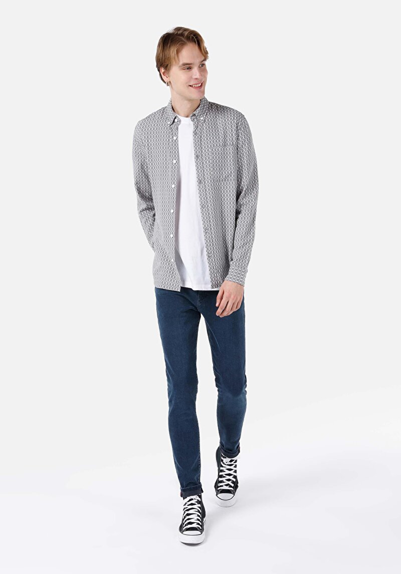 Slim Fit Shirt Neck Baskılı Erkek Gri Uzun Kol Gömlek