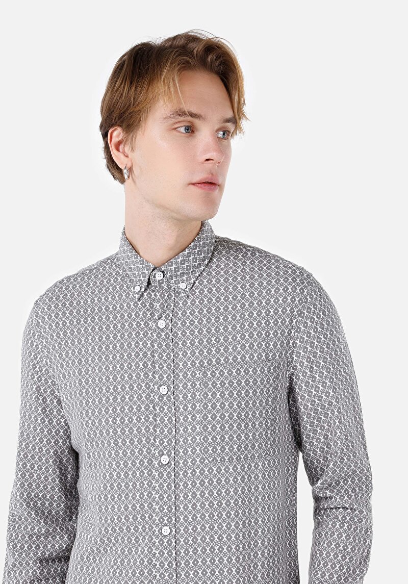 Slim Fit Shirt Neck Baskılı Erkek Gri Uzun Kol Gömlek