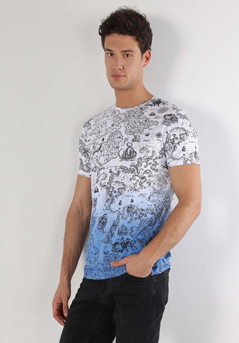 Regular Fit Yuvarlak Yaka Baskılı Erkek Beyaz Kısa Kol Tişört