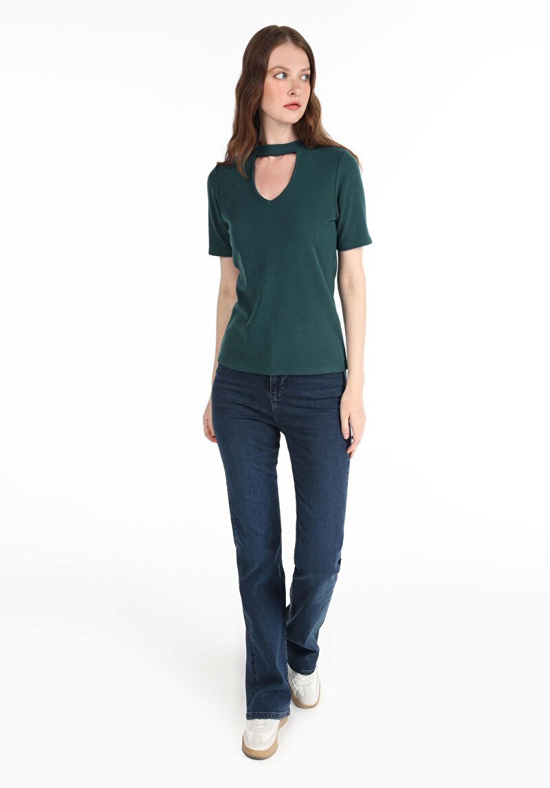 Slim Fit Yarım Balıkçı Yaka Kadın Yeşil Kısa Kol Tişört