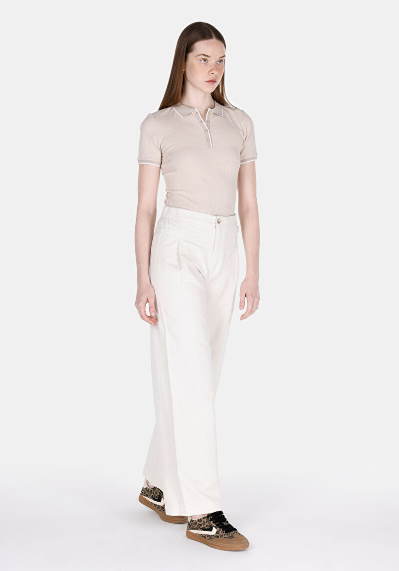 Slim Fit Polo Yaka Düz Kadın Bej Kısa Kol Tişört