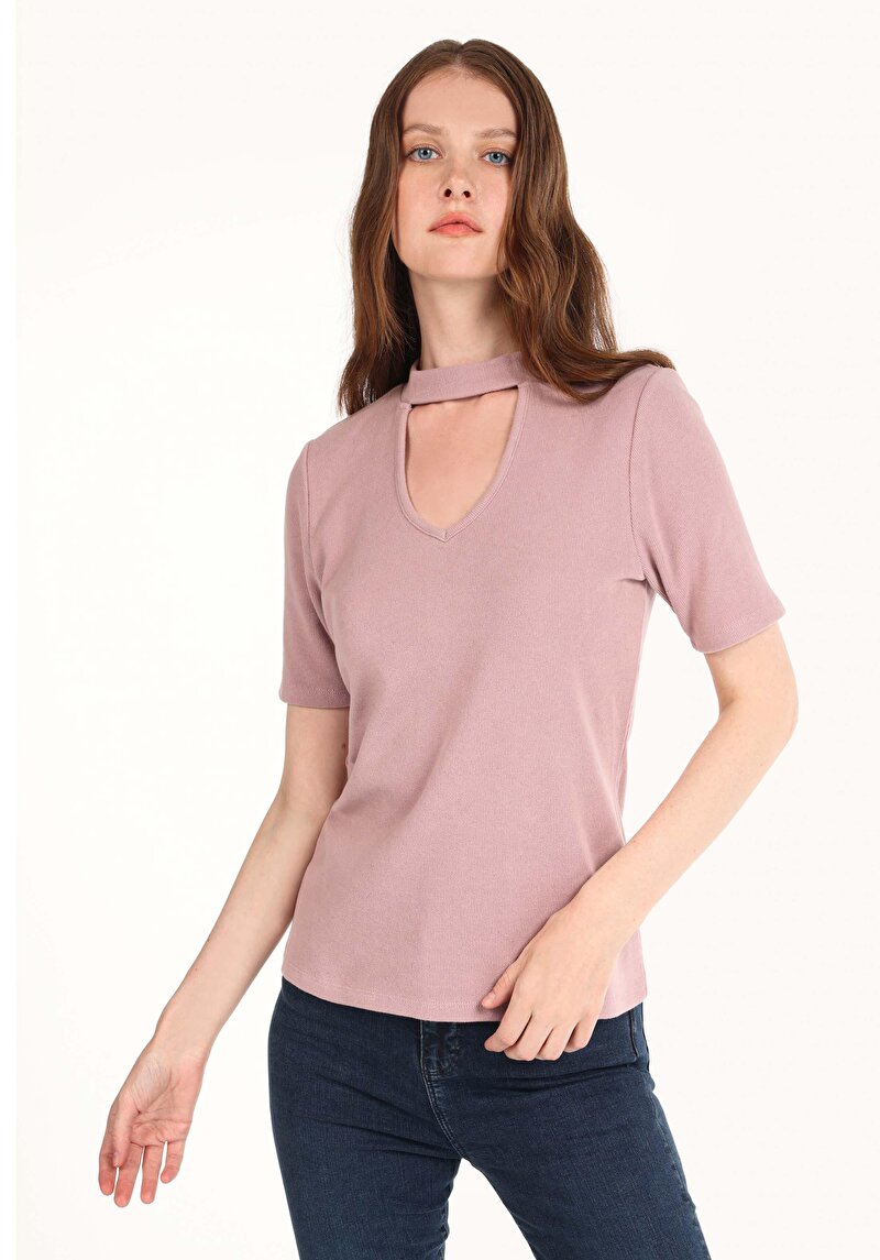Slim Fit Yarım Balıkçı Yaka Kadın Pembe Kısa Kol Tişört