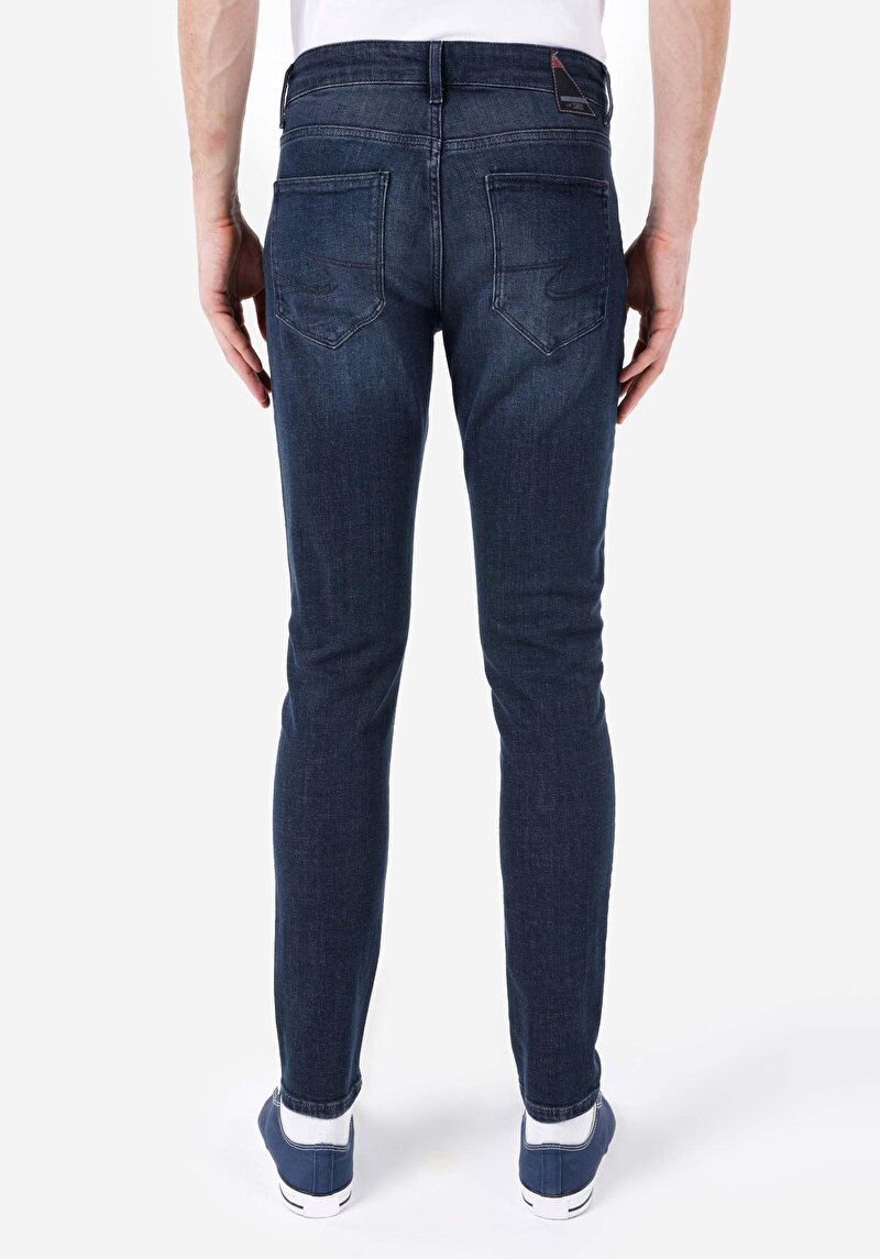 Slim Fit Erkek Koyu İndigo Yırtık Detaylı Jean Pantolon