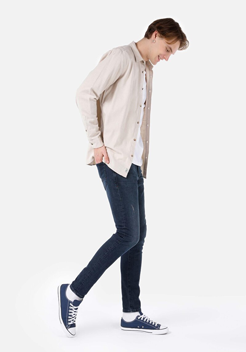 Slim Fit Erkek Koyu İndigo Yırtık Detaylı Jean Pantolon