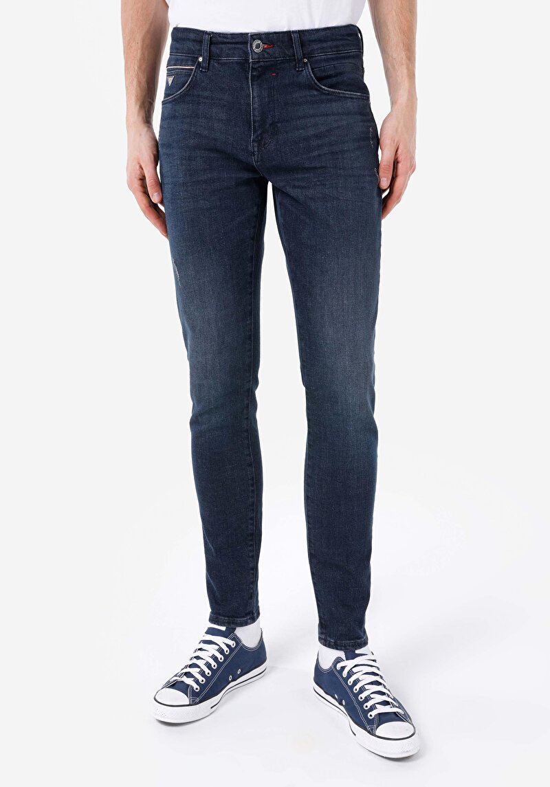 Slim Fit Erkek Koyu İndigo Yırtık Detaylı Jean Pantolon