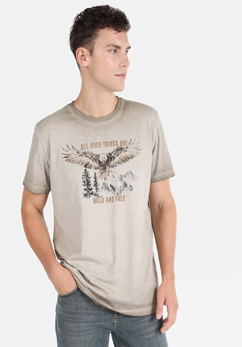 Regular Fit Yuvarlak Yaka Erkek Bej Kısa Kol Tişört