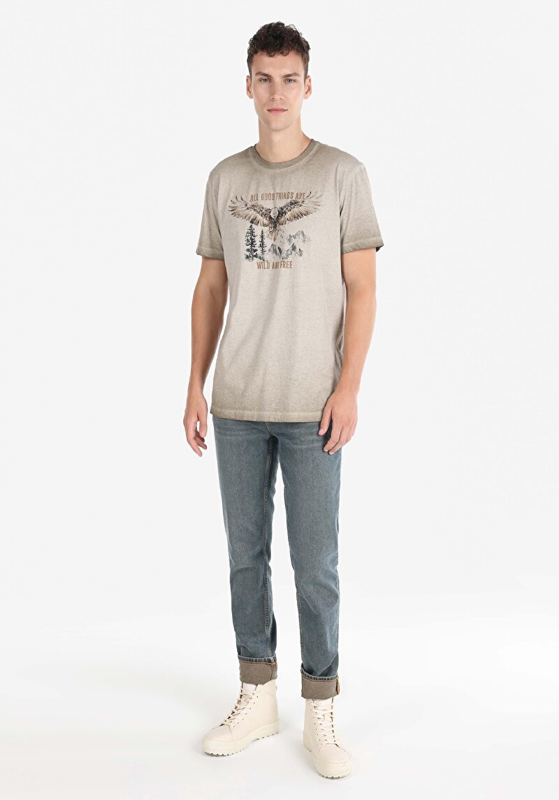 Regular Fit Yuvarlak Yaka Erkek Bej Kısa Kol Tişört