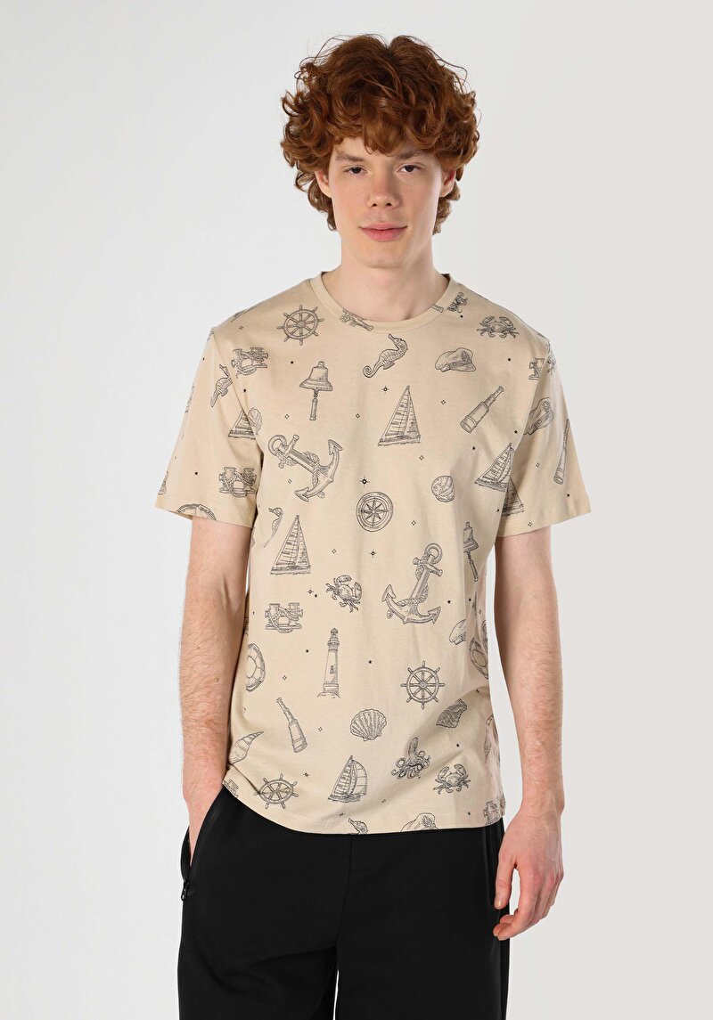 Regular Fit Yuvarlak Yaka Baskılı Erkek Bej Kısa Kol Tişört