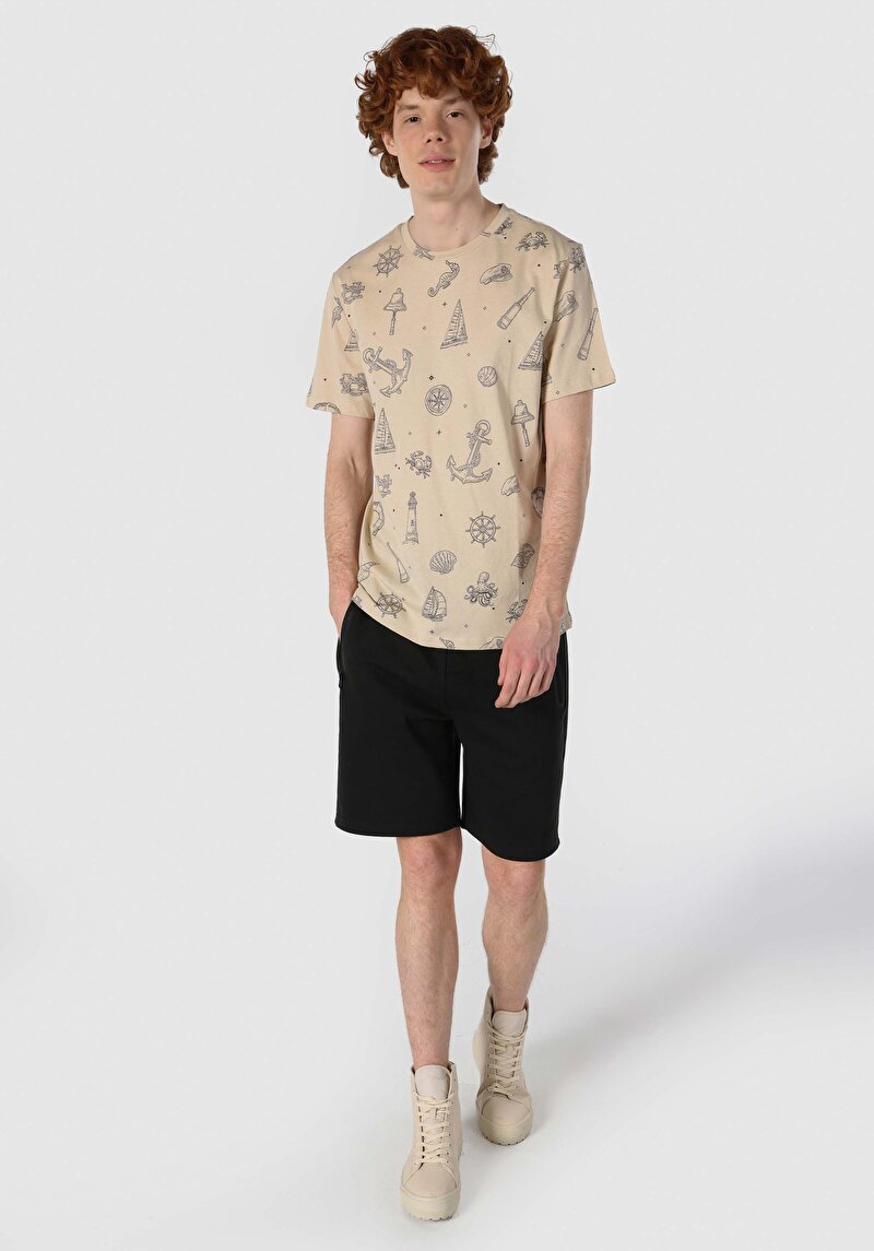 Regular Fit Yuvarlak Yaka Baskılı Erkek Bej Kısa Kol Tişört
