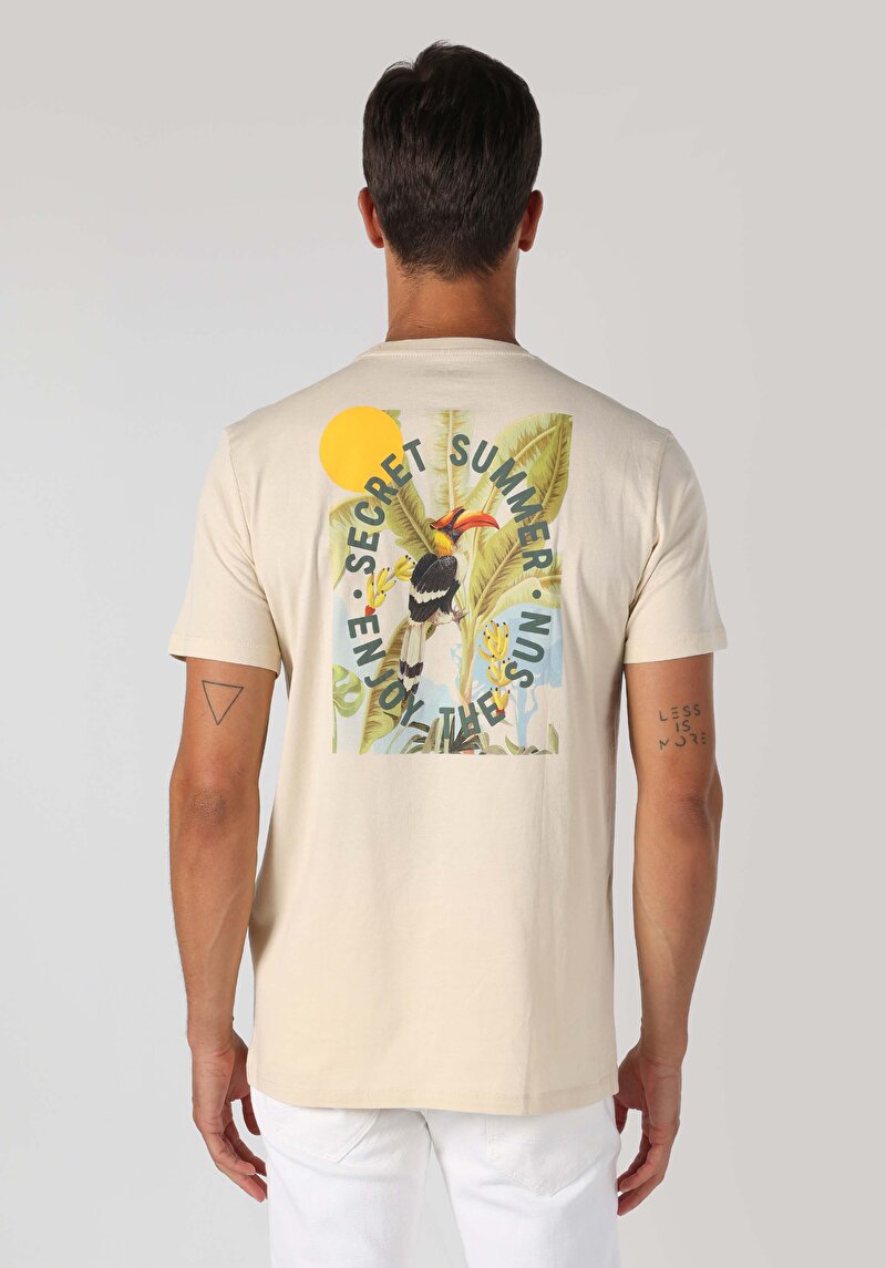 Regular Fit Yuvarlak Yaka Düz Erkek Ekru Kısa Kol Tişört