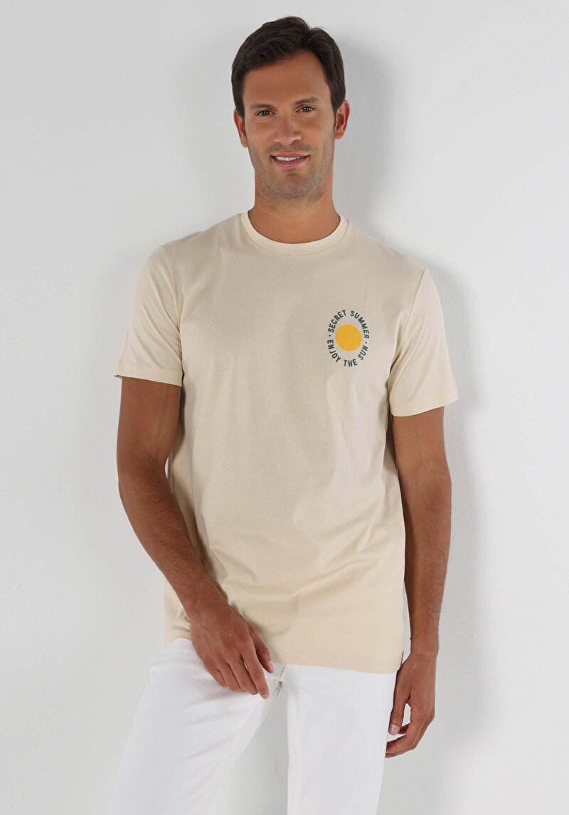 Regular Fit Yuvarlak Yaka Düz Erkek Ekru Kısa Kol Tişört