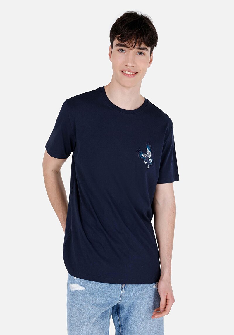 Regular Fit Yuvarlak Yaka Düz Cepsiz Erkek Lacivert Kısa Kol Tişört