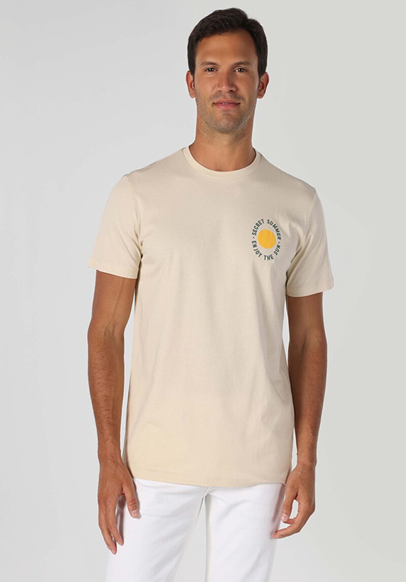 Regular Fit Yuvarlak Yaka Düz Erkek Ekru Kısa Kol Tişört