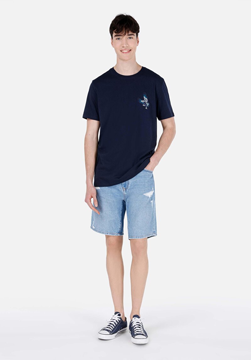 Regular Fit Yuvarlak Yaka Düz Cepsiz Erkek Lacivert Kısa Kol Tişört