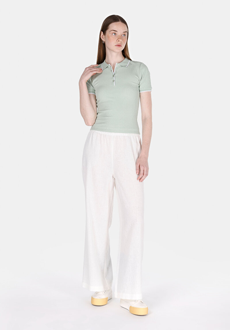 Slim Fit Polo Yaka Düz Kadın Yeşil Kısa Kol Tişört