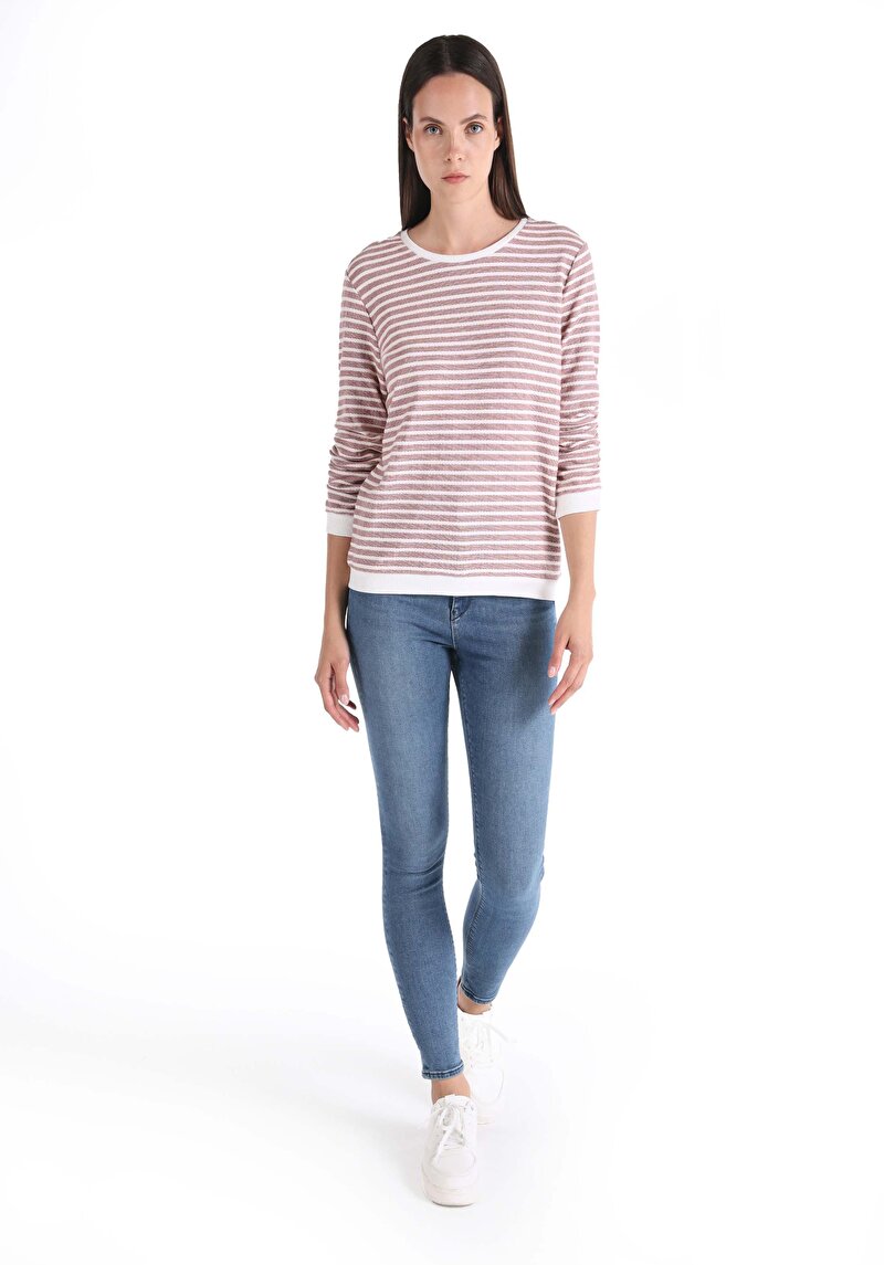 Regular Fit Yuvarlak Yaka Çizgili Kadın Pembe ¾ Kol Tişört