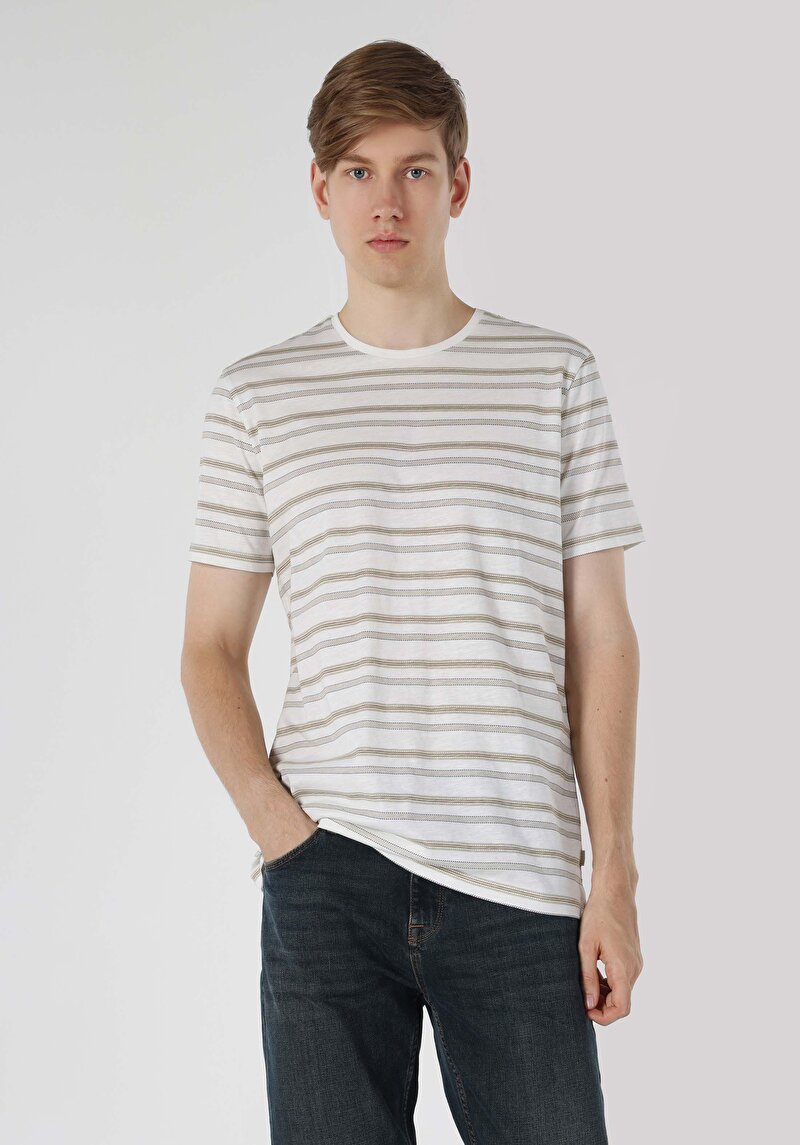 Regular Fit Yuvarlak Yaka Çizgili Erkek Beyaz Kısa Kol Tişört