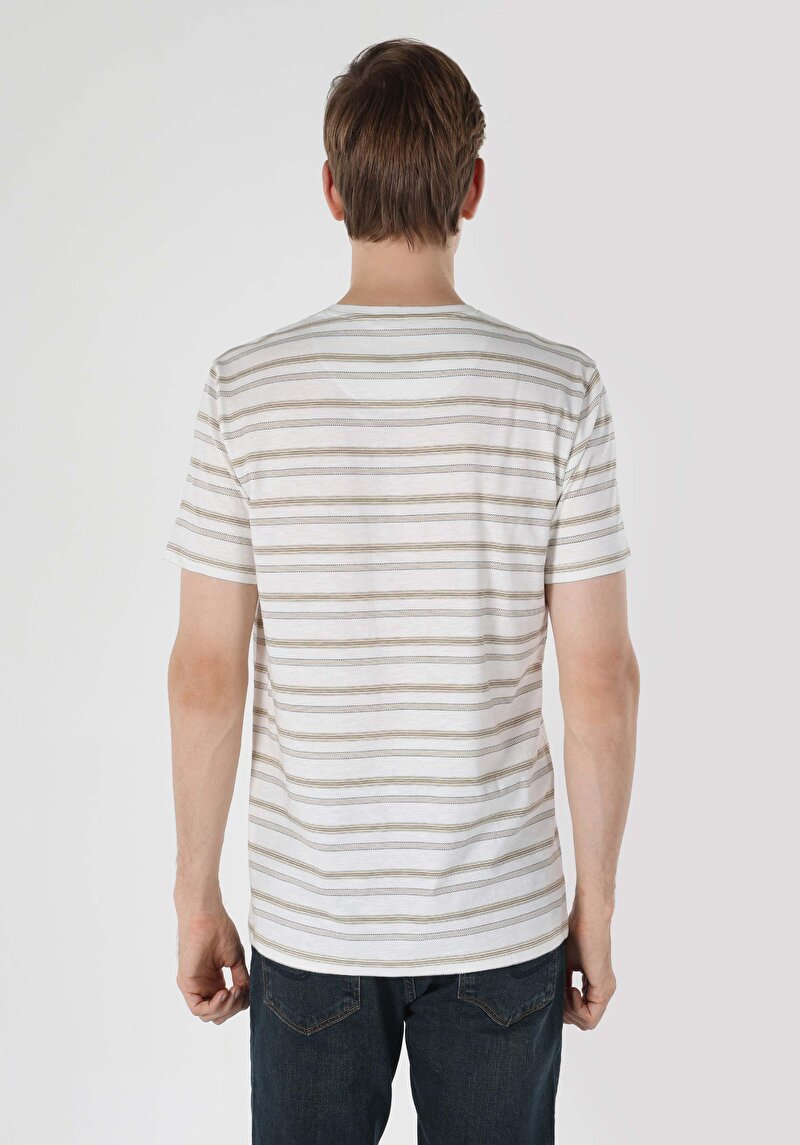 Regular Fit Yuvarlak Yaka Çizgili Erkek Beyaz Kısa Kol Tişört