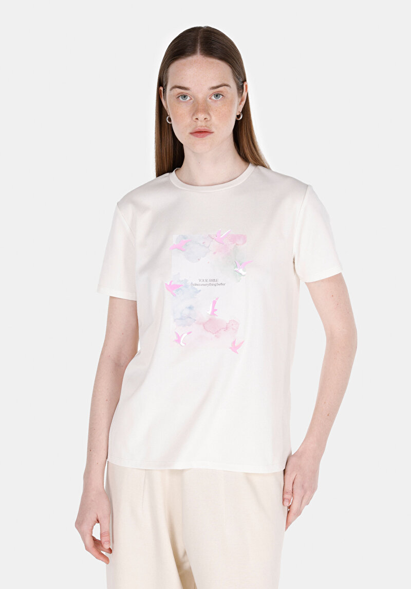 Regular Fit Yuvarlak Yaka Baskılı Kadın Beyaz Kısa Kol Tişört