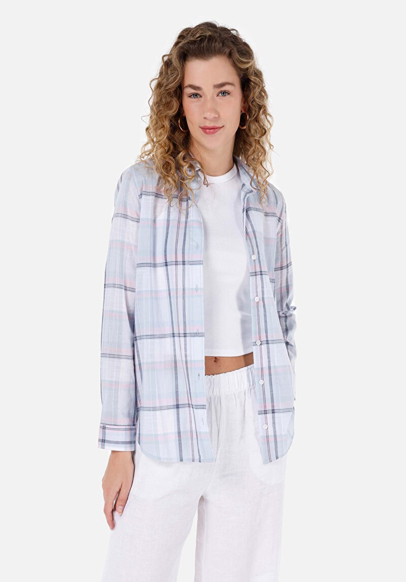 Regular Fit Shirt Neck Kadın Mavi Uzun Kol Gömlek