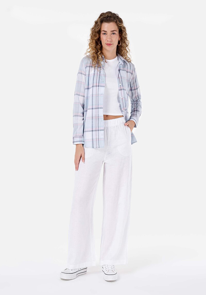 Regular Fit Shirt Neck Kadın Mavi Uzun Kol Gömlek