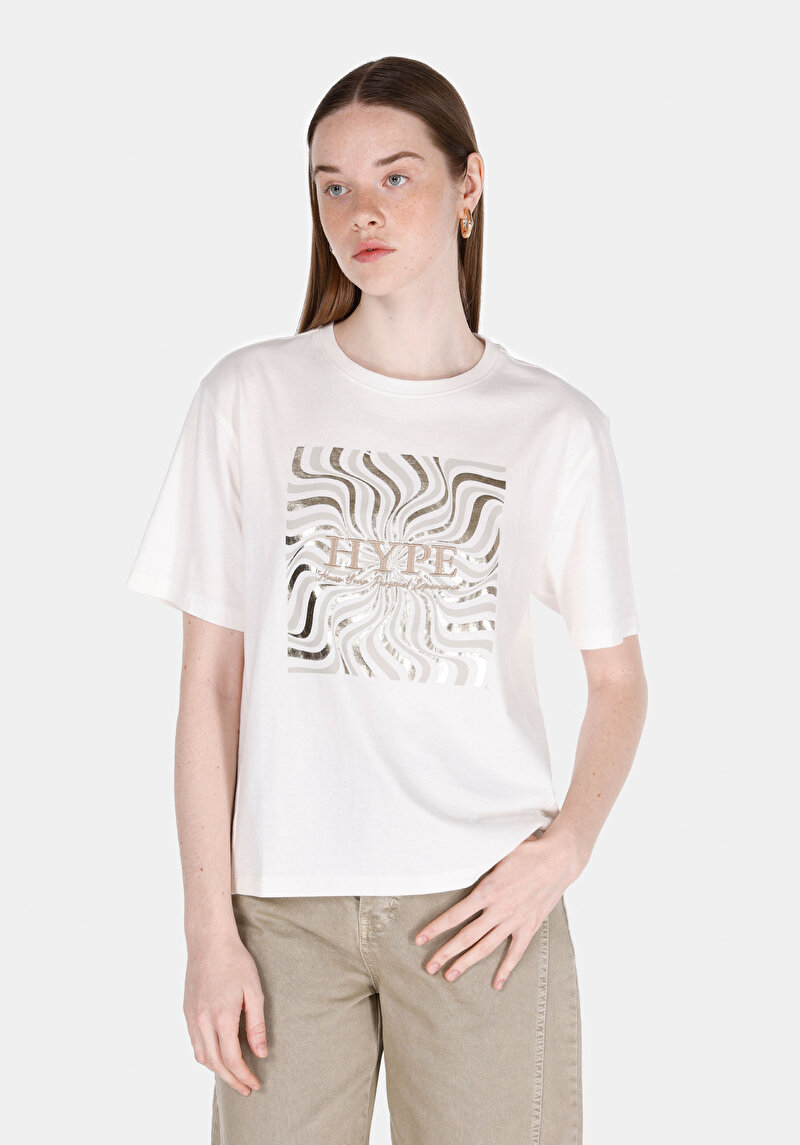 Regular Fit Yuvarlak Yaka Baskılı Kadın Beyaz Kısa Kol Tişört