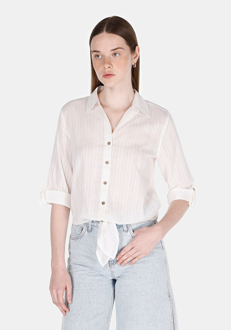 Regular Fit Shirt Neck Pamuklu Düz Kadın Beyaz Roll-up Gömlek