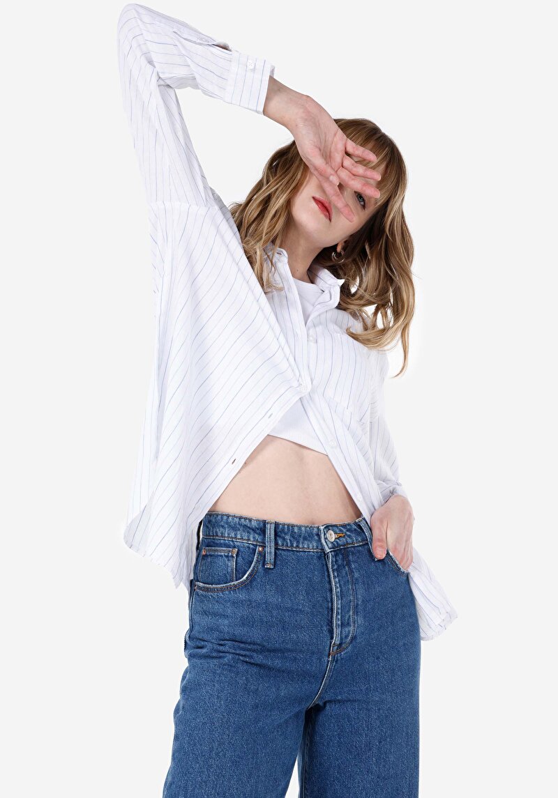 Relaxed Fit Shirt Neck Çizgili Kadın Beyaz Uzun Kol Gömlek