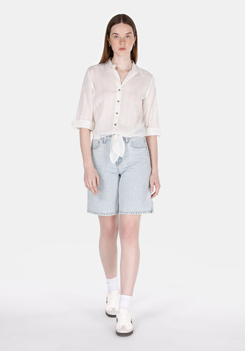 Regular Fit Shirt Neck Pamuklu Düz Kadın Beyaz Roll-up Gömlek
