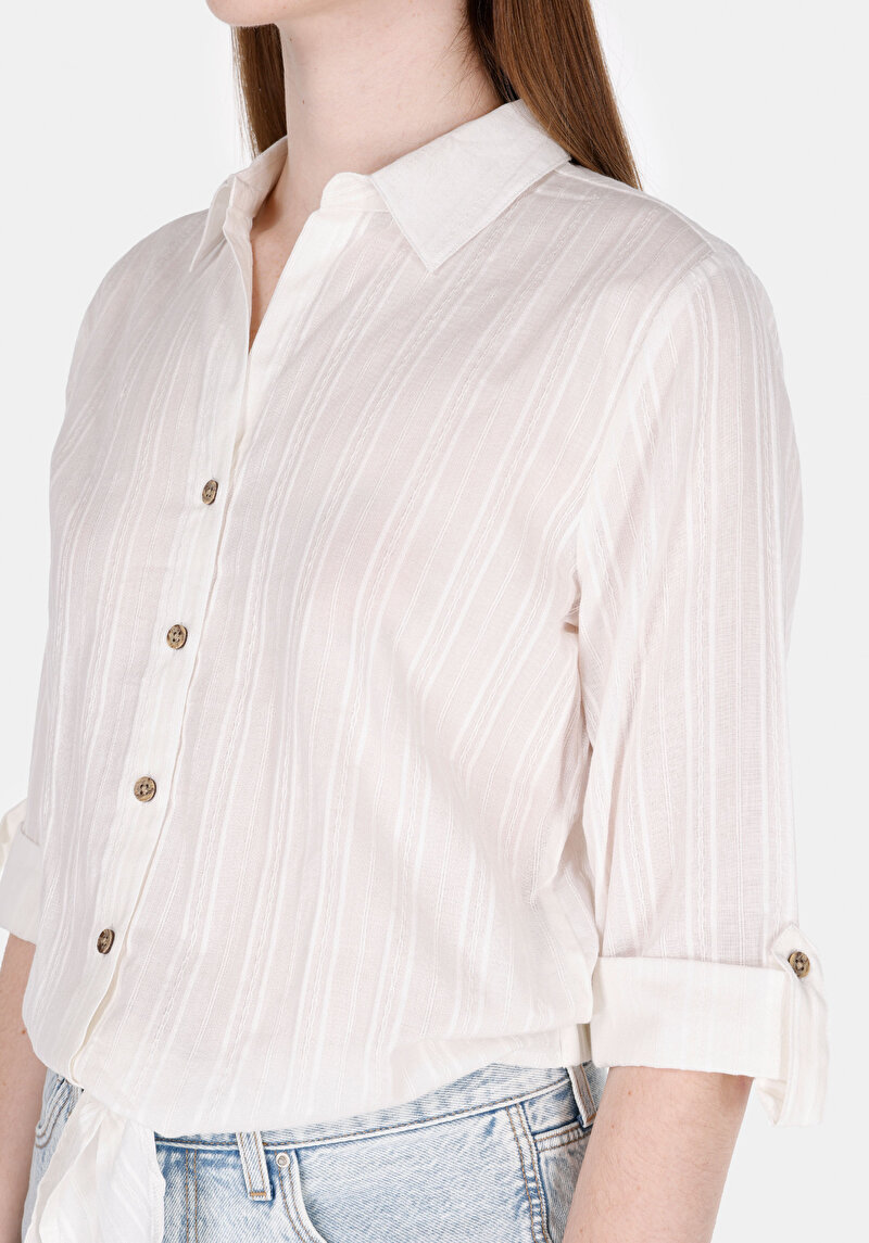 Regular Fit Shirt Neck Pamuklu Düz Kadın Beyaz Roll-up Gömlek