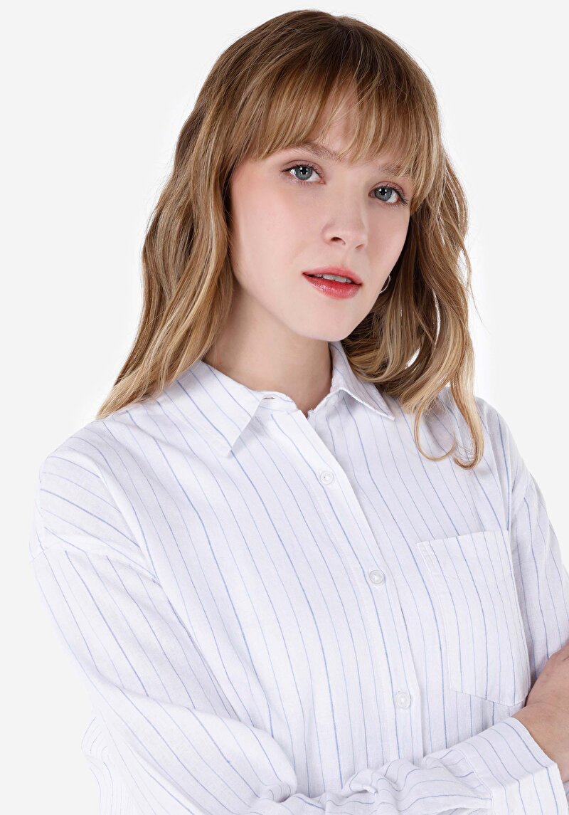Relaxed Fit Shirt Neck Çizgili Kadın Beyaz Uzun Kol Gömlek
