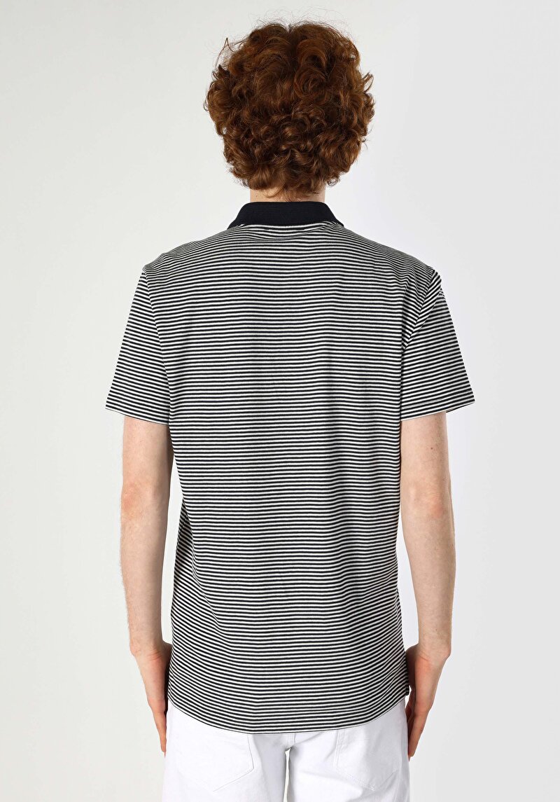 Regular Fit Polo Yaka Çizgili Erkek Lacivert Kısa Kol Tişört