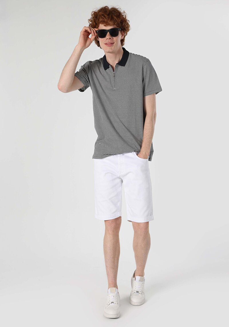 Regular Fit Polo Yaka Çizgili Erkek Lacivert Kısa Kol Tişört