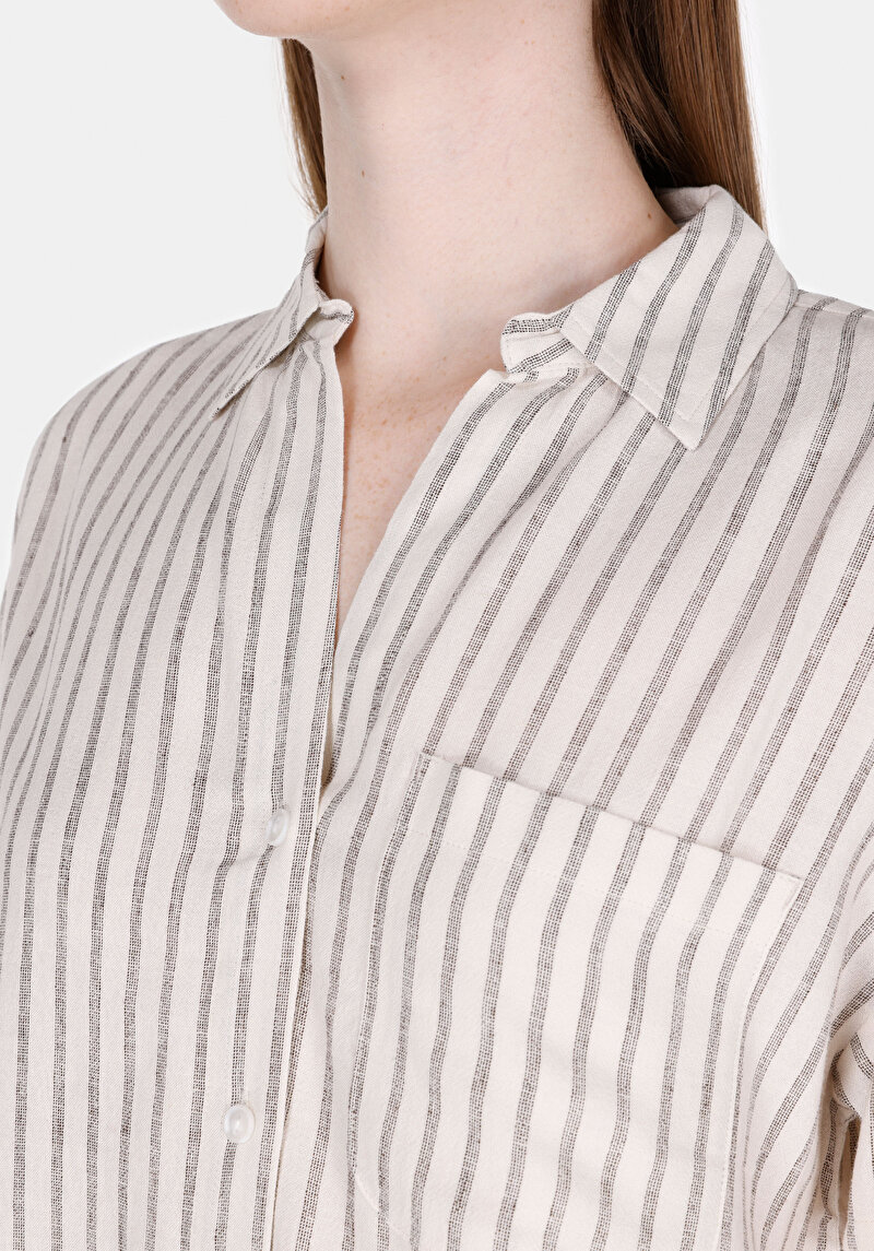 Regular Fit Shirt Neck Çizgili Kadın Bej Kısa Kol Gömlek