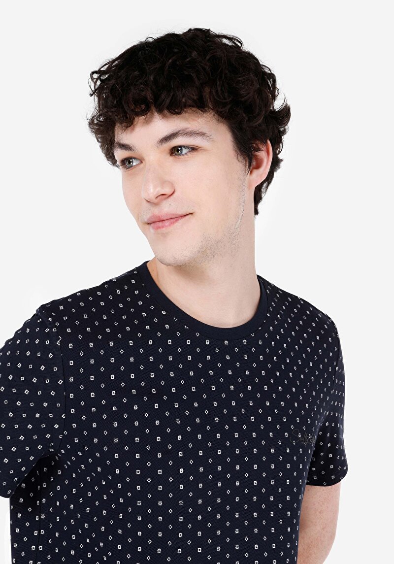 Regular Fit Yuvarlak Yaka Baskılı Erkek Lacivert Kısa Kol Tişört